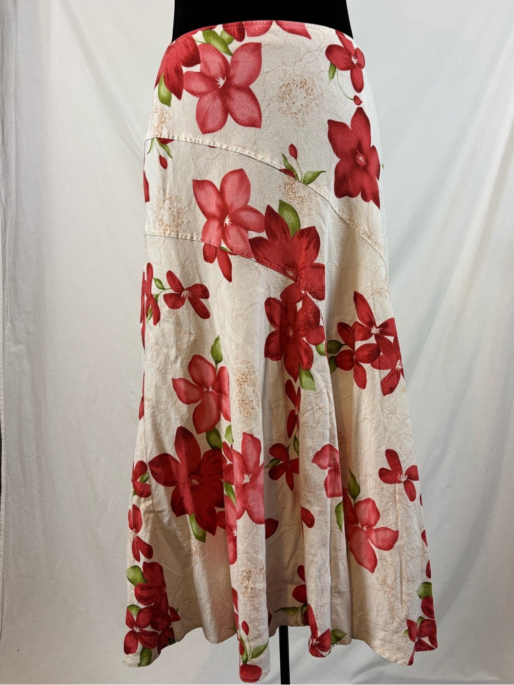 Vintage Vanity Fair Linen Blend Rayon Red Floral Flared Midi Skirt Size 16